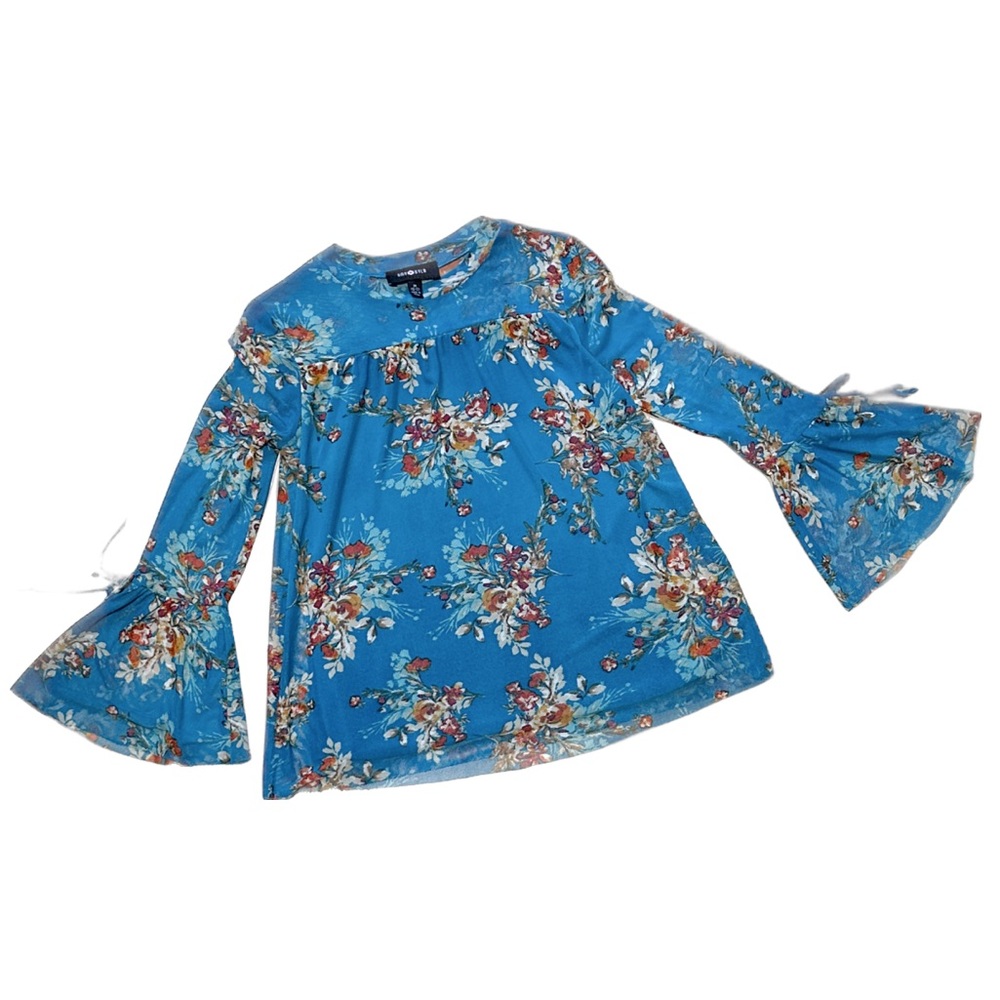 Kids Fairycore Turquoise Floral-Printed Retro Grunge Mesh Layering Top - Kid M